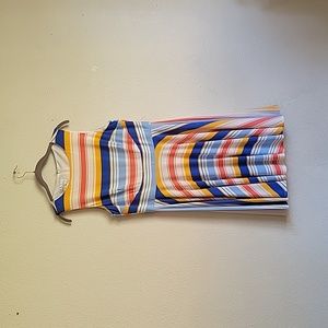 DONNA MORGAN sleevesles midi dress roundneck stripes colors ivory orange blue